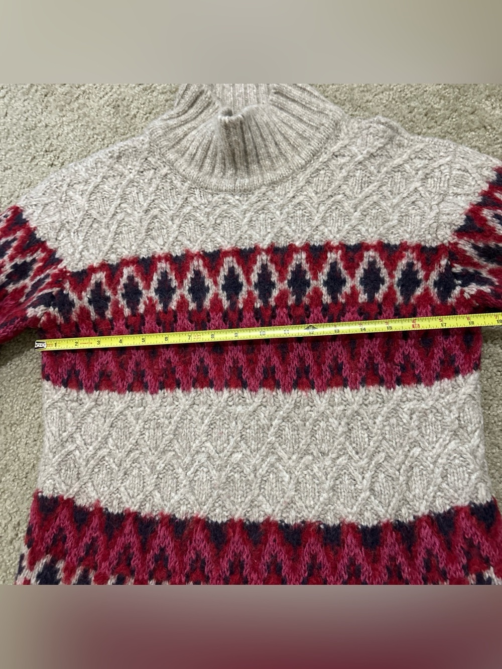 Faherty Alpaca Wool Fair Isle Mock Neck Sweater Womens Large Tan Red Excellent - Picture 6 of 11
